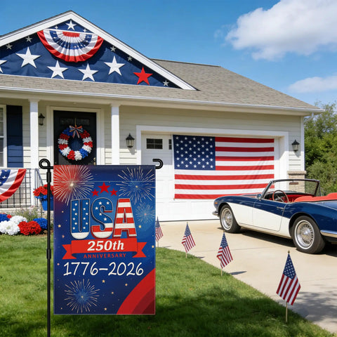 250 Anniversary USA Garden Flag Double Sided Waterproof 12x18 Inch Patriotic Yard Sign Commemorating 1776 2026 With HD Printing in front of house