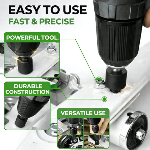 20 Piece Nut Driver Set For Impact Drill With One Quarter Inch Hex Drive SAE And Metric Industrial Grade Chromium Vanadium Steel Non Magnetic Black Phosphate Coating For Corrosion Resistance shown in use driving nuts into metal