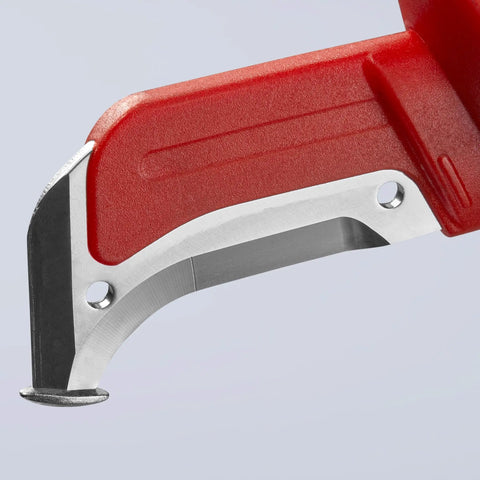 Close-up of Workhorse Pro Grade 1000V Insulated Dismantling Knife With Fixed Hook Sickle Blade Guide Shoe, red handle, Germany.
