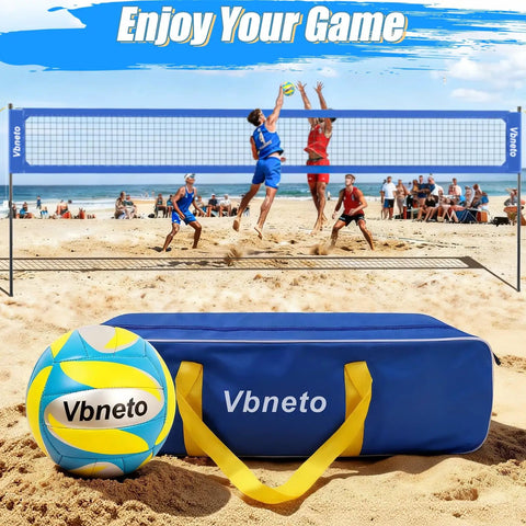 Backyard Volleyball Net Set With Pro Grade Sturdy Winch displayed on beach with volleyball and carry bag.
