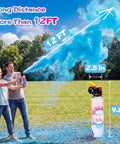 Zero Stress Safe Cornstarch Gender Reveal Smoke Bombs 2 Pack Fire Extinguisher Blast Cannon spraying blue cloud outdoors.