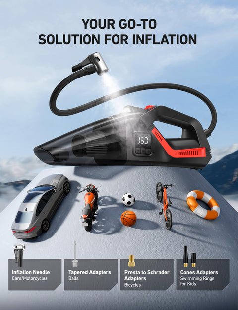 4 In 1 Portable Car Vacuum And Tire Inflator With Led Light And Digital Dual Displays 150 PSI Air Compressor on mountain top