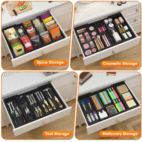 Expandable Silverware Drawer Organizer For Kitchen Drawers 3 To 5 Compartments Utensil Tray Fits Spoons Forks And Knives Black BPA Free used for spices, cosmetics, tools, stationery.