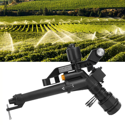 360 Degree Rocking Arm And Impact Irrigation Sprinkler With Adjustable DN25 Female Thread, black plastic, in field setting