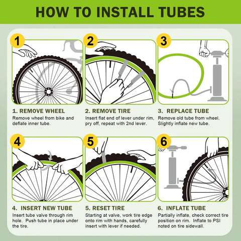 Illustration showing steps to install Dual Pack 26x2.125 To 2.40 Inches Bike Inner Tubes With 35mm Schrader Valve.