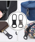 10 Pack Detachable Zipper Pull Tabs Replacement Kit In Black And Silver Gray For Jackets Jeans Backpacks Purses Luggage And More Quick Fix For Small Zipper Holes, shown installed on various bags and jackets with a close-up of black and silver pulls.
