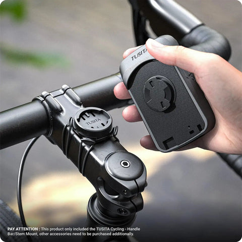 Hand holding GPS unit near Two Pack Stem Mount For Wahoo ELEMNT Bike Computers Fits ROAM BOLT MINI And More on bike handlebar