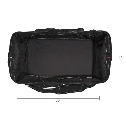 Top view of open 20 Inch Durable Canvas Tool Tote for Painters Carpenters and Builders, showing main compartment, black color.