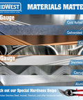 Range of sheet metals including cold rolled steel, galvanized steel, copper, tin, stainless steel, and aluminum.