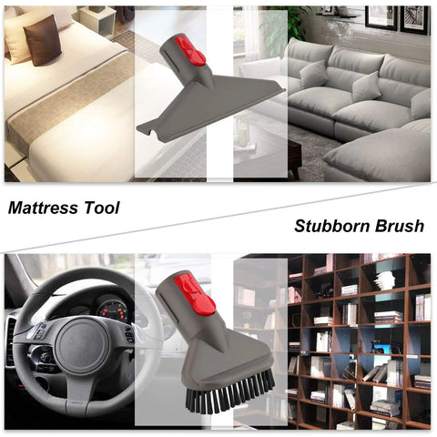 6 In 1 Accessory Tool Kit Attachment Set With Extension Hose For Cordless Vacuum Cleaners showing mattress and stubborn brush tools