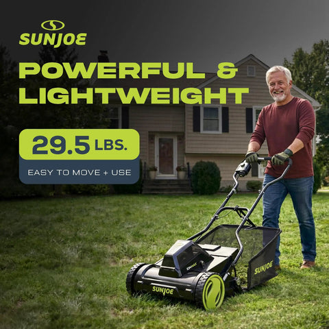 Cordless 24V Push Reel Lawn Mower With 360W Motor, 15 Inch Deck, Five Blade Razoreel System, 11.9 Gallon Grass Collection Bag, Quick Charge 4.0Ah Battery For Fast Power Up And Smooth Yard Cleanup. man using 29.5 lb mower