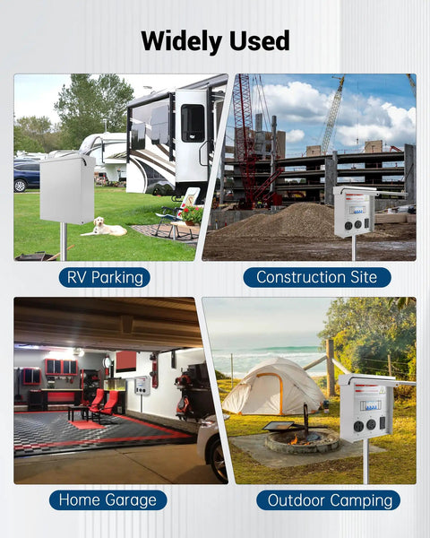 Weatherproof Temporary Power Outlet Panel For RVs And Construction Sites With 20 30 50 Amp Receptacles in various outdoor settings