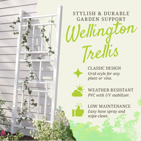 Sturdy No-Fuss Indoor And Outdoor Garden Trellis With Ground Anchors For Vines, Climbing Plants, And Vegetables in 28x75 white grid style.
