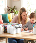 Clear Plastic Storage Bins With Lids 17 Qt Set, Multipurpose Stackable Containers For Organizing Tools, Craft Supplies, Crayons And More In A Handy Box System on a table