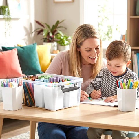 Clear Plastic Storage Bins With Lids 17 Qt Set, Multipurpose Stackable Containers For Organizing Tools, Craft Supplies, Crayons And More In A Handy Box System on a table