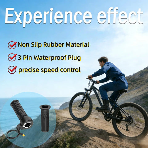 Cyclist using Full Twist Throttle Grip For Ebikes And Scooters, 12V To 72V Universal Voltage, 22.2mm Handlebar, 3Pin Waterproof Connector