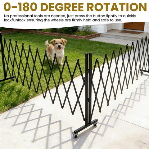 Beefy Pro Heavy Duty Expandable Steel Safety Gate With Smooth Glide Casters Mobile Scissor Safety Barrier installed outdoors.
