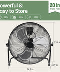 Beastly 20 Inch Industrial High Velocity Floor Fan With Three Speeds, Metal Build, front view with size dimensions