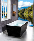 Contemporary 67 Inch Freestanding Acrylic Soaking Bathtub With Matte Black Drain And Overflow Deep Luxury Spa Tub For Modern Bathrooms in a stylish bathroom.