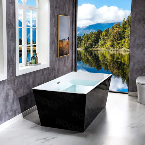 Contemporary 67 Inch Freestanding Acrylic Soaking Bathtub With Matte Black Drain And Overflow Deep Luxury Spa Tub For Modern Bathrooms in a stylish bathroom.