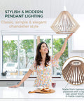 Wood Pendant Light With Adjustable Nylon Cord Modern Boho Ceiling Chandelier Basswood Frame And Oak Finish in Kitchen