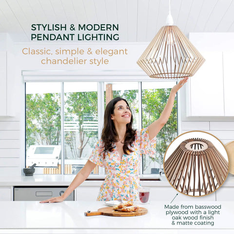 Wood Pendant Light With Adjustable Nylon Cord Modern Boho Ceiling Chandelier Basswood Frame And Oak Finish in Kitchen