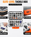 All In One Fishing Tackle Kit With Organized Tackle Box 397 Piece Gear Set Including Hooks Sinkers Swivels Beads Rigs Jigs Drop Shot Weights For Bass And Trout Ready To Fish showcasing watertight seal, double lock, and removable dividers