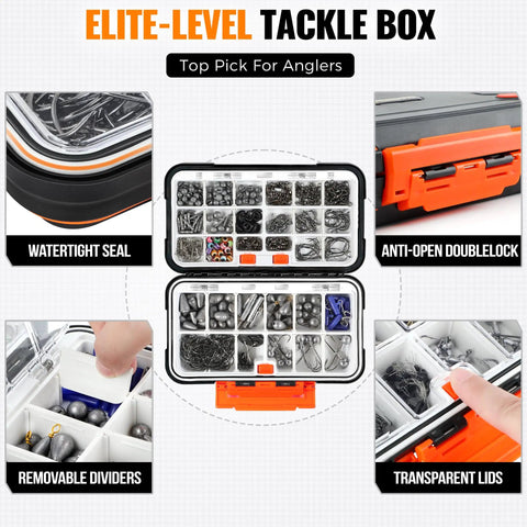 All In One Fishing Tackle Kit With Organized Tackle Box 397 Piece Gear Set Including Hooks Sinkers Swivels Beads Rigs Jigs Drop Shot Weights For Bass And Trout Ready To Fish showcasing watertight seal, double lock, and removable dividers