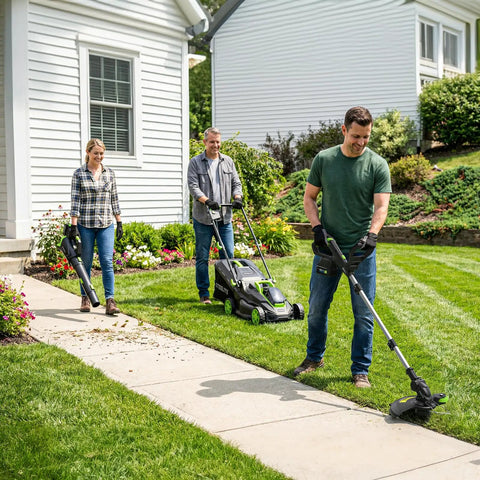 All In One Cordless Yard Boss Kit 13 Inch Brushless Lawn Mower String Trimmer Edger And Leaf Blower With Dual 20V Batteries And 2 Chargers For Small Yards being used on a home lawn