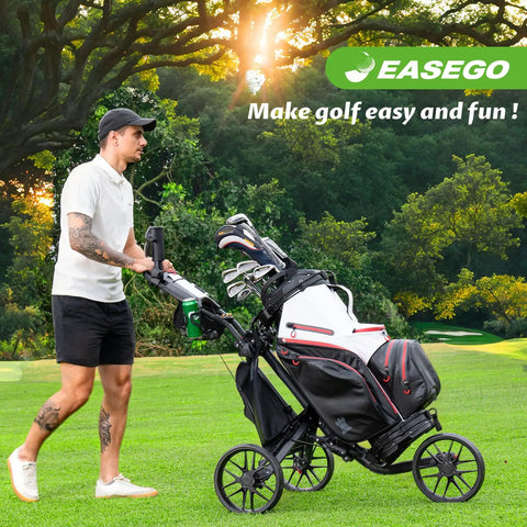 Three Wheel Golf Push Cart Quick Fold Large Platform Rolls Smooth As Butter Across Any Course Holds Drinks Phones Umbrellas Straight Up Knockout For Weekend Golfers Black on grassy path with golfer.