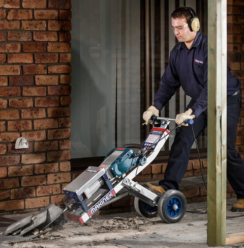 Man using Jackhammer Trolley For Fast Demolition And Tile Removal Move Heavy Demo Tools Easy Upgrade Floor Prep For Ceramic Tile Hardwood And Mortar Beds 6x Faster Demolition Compatible With Bosch Hilti Makita on concrete floor