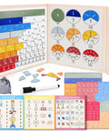 Hands On Fraction Learning Puzzle Set with Magnetic Tiles and Fraction Circles for Kids shown with accessories and board.