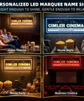 Collage of personalized LED marquee cinema signs with popcorn, showing home theater and business cinema setups.