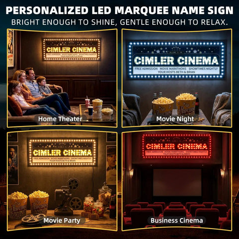 Collage of personalized LED marquee cinema signs with popcorn, showing home theater and business cinema setups.