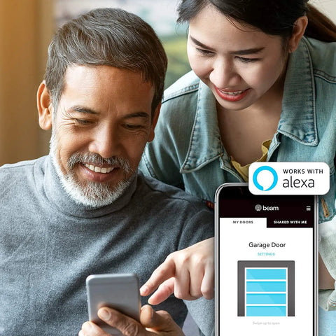 Smart Garage Door Opener Controller With WiFi Upgrade Turns Your Standard Opener Into Voice Command Ready Smart Home Hub With Alexa Google Assistant IFTTT Remote Access No Annual Subscription Required shown on smartphone app with two people