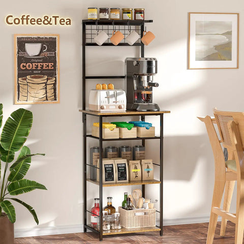 5 Tier Coffee Bar Station With 4 S Shaped Hooks Farmhouse Corner Kitchen Cabinet For Small Spaces Bakers Rack styled in kitchen.