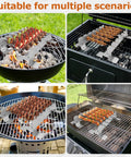 Two Pack Stainless Steel Skewer Rack With Anti Tip Design And Reinforced Base For BBQ Kabob Grilling Accessories shown in use on various grills.
