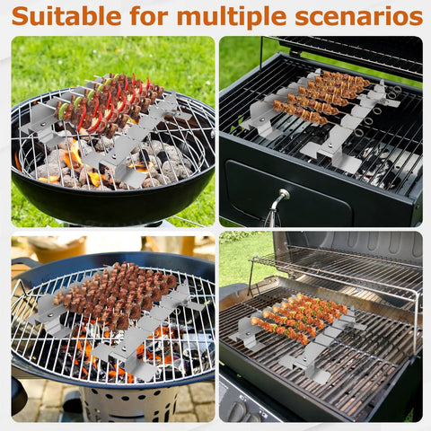 Two Pack Stainless Steel Skewer Rack With Anti Tip Design And Reinforced Base For BBQ Kabob Grilling Accessories shown in use on various grills.