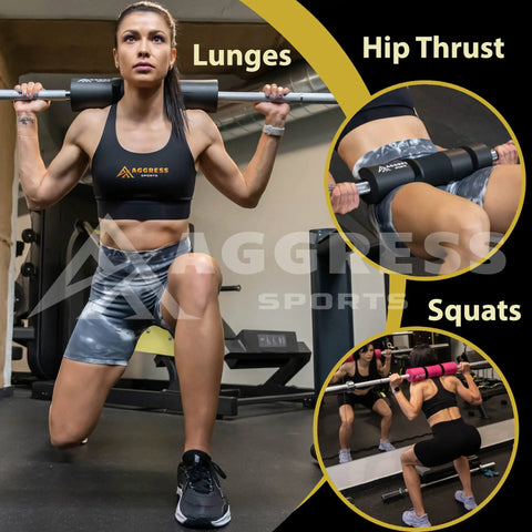 Woman using Hip Thrust Barbell Pad Set With Squat Pad, Two Ankle Straps, Hip Resistance Bands, Gym Carry Bag And Towel for lunges.