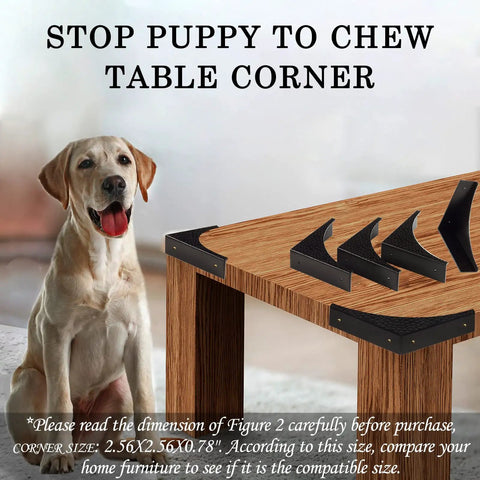 Heavy Duty Corner Guards For Furniture And Office Desks Zinc Alloy Edge Protectors Anti Rust Table Bumpers Built Tough Kickproof Hardware Covers With Screws Four Pack on table with dog.