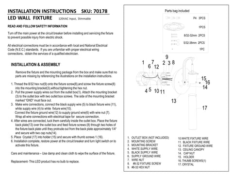 Installation instructions for Modern Matte Black LED Wall Sconce with Bubble Glass, showing parts list and assembly guide.