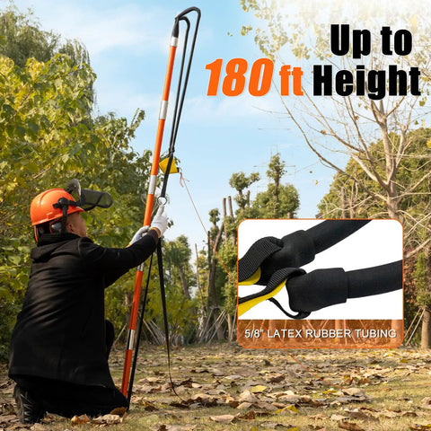 Person using Arborist Throw Line Slingshot Kit With Trigger for tree work, showing 180ft height reach, with latex rubber tubing detail.
