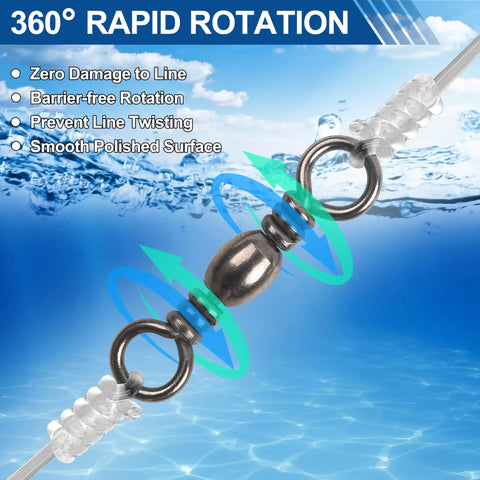 Barrel Swivels Set for Freshwater and Saltwater Fishing, 50/100 Pcs Rolling Ball Swivels With Solid Ring Copper and Stainless Steel, Black Nickel Coated, Heavy Duty Tackle Connector, 35 to 165 Lb Test, 360° rotation