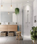 Modern bathroom with Pure 7 Setting Filtered Shower Handle, chrome finish, installed on white tiled wall