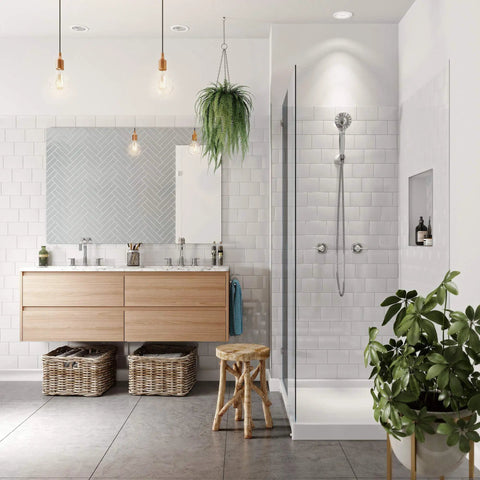 Modern bathroom with Pure 7 Setting Filtered Shower Handle, chrome finish, installed on white tiled wall