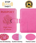 Pink passport holder wallet with USA emblem, RFID-blocking leather case, 3D embossing, premium stitching, front and back view.