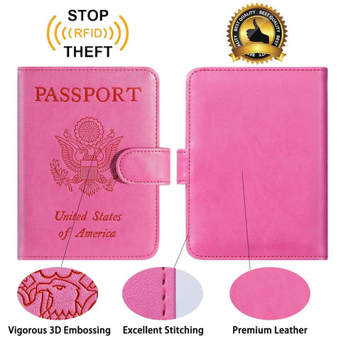 Pink passport holder wallet with USA emblem, RFID-blocking leather case, 3D embossing, premium stitching, front and back view.