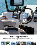 Boat interior with Marine 6 Gang Rocker Switch Panel Waterproof Aluminum Mount With Blue LED Switches and steering wheel.