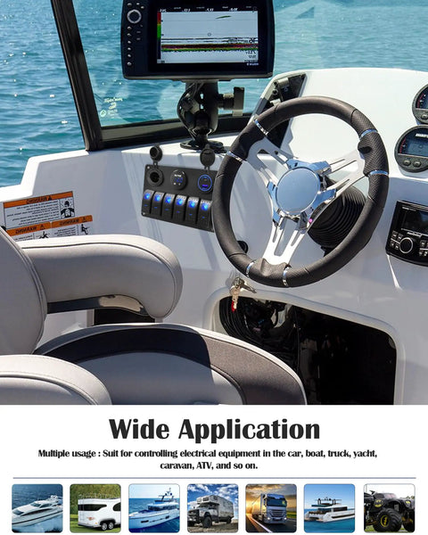Boat interior with Marine 6 Gang Rocker Switch Panel Waterproof Aluminum Mount With Blue LED Switches and steering wheel.