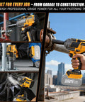 Pro Grade Cordless Impact Wrench With 1/2 Inch Drive being used for tire change and construction tasks.